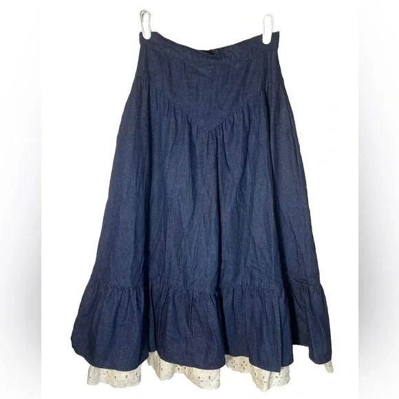 Gunne Sax Vintage Jessica’s Gunnies 70’s Denim MIDI Prairie Skirt Size 7 - Picture 2 of 5
